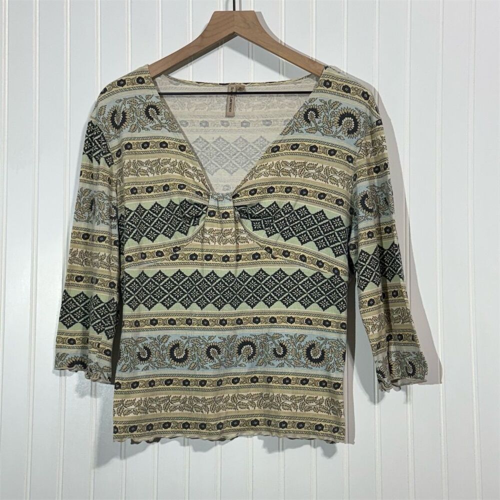 Susan Lawrence XL Top Boho Print Sweetheart Neck 3/4 Sleeve Made in USA Vintage - Picture 1 of 8